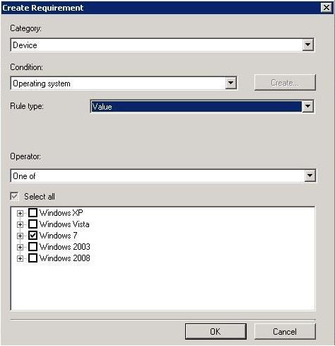 Haluamme määritellä esimerkiksi että asennus koskee vain windows 7 käyttöjärjestelmiä. Painetaan Add painiketta. 12. Aukeavasta valikosta määritetään kategoriaksi Device.