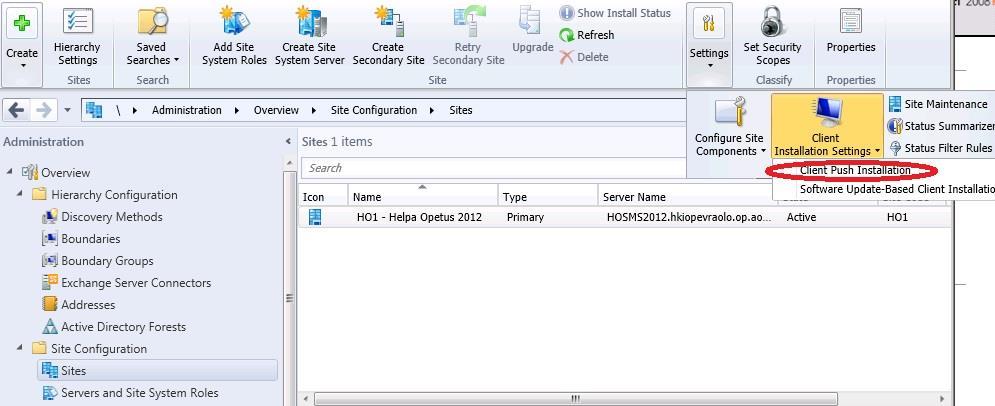 Push installation -metodi kytketään päälle polusta: Administration Overview Site Configuration Sites yläpalkista valitaan kohta Settings Client Installation Settings Client Push Installation.
