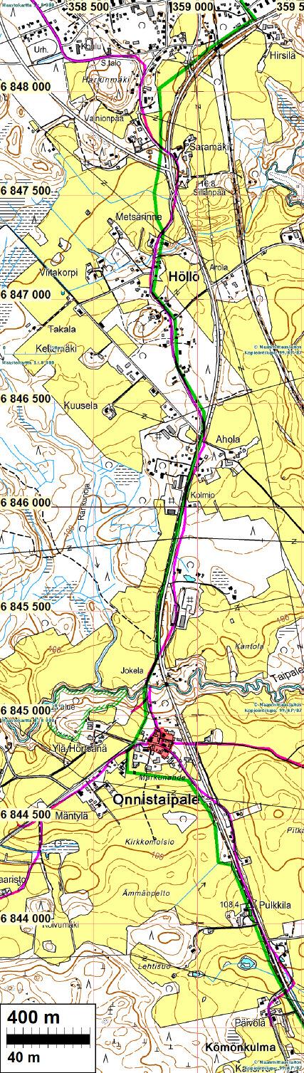 9 Maastokarttaotteet Linjan eteläosa, missä linja vanhan tielinja liepeillä Viemärilinjaus vihreällä,