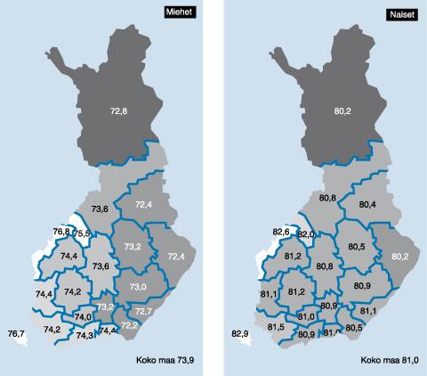 Vastasyntyneen elinajanodote maakunnittain