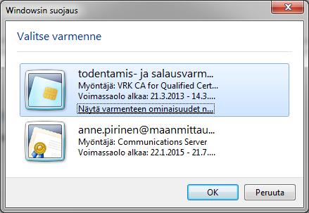 OHJE 4 (16) 2. Toimikortilla tunnistautuminen 2.1. 3.1 Internet Explorer-selaimella Varmenteeksi valitaan Myöntäjä: VRK CA.