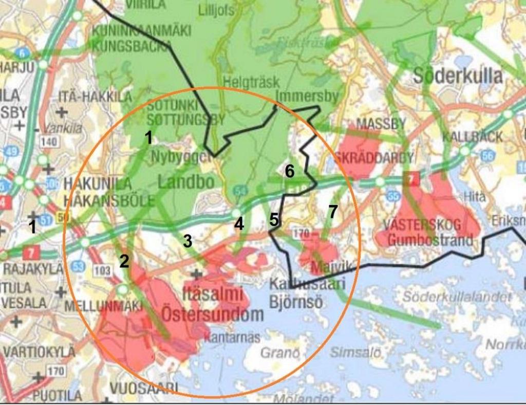 Östersundomin alueelle sijoittui useita maakunnallisia ekologisia yhteyksiä. Nämä on esitetty tarkemmin Kuvassa 4. Kuva 4.