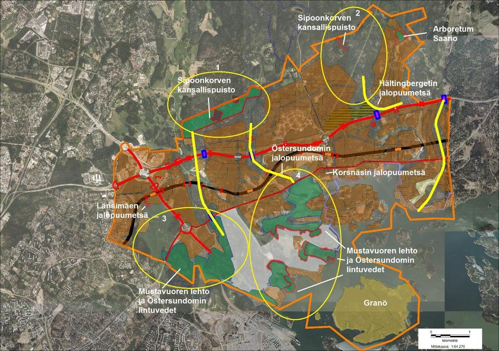 3.1.1 Suojelualueet ja Natura 2000 -verkostoon kuuluvat alueet Kaava-alueella sijaitsee Mustavuoren lehto ja Östersundomin lintuvedet Natura 2000 -alue, jonka pinta-ala on yhteensä 355 ha, ja josta