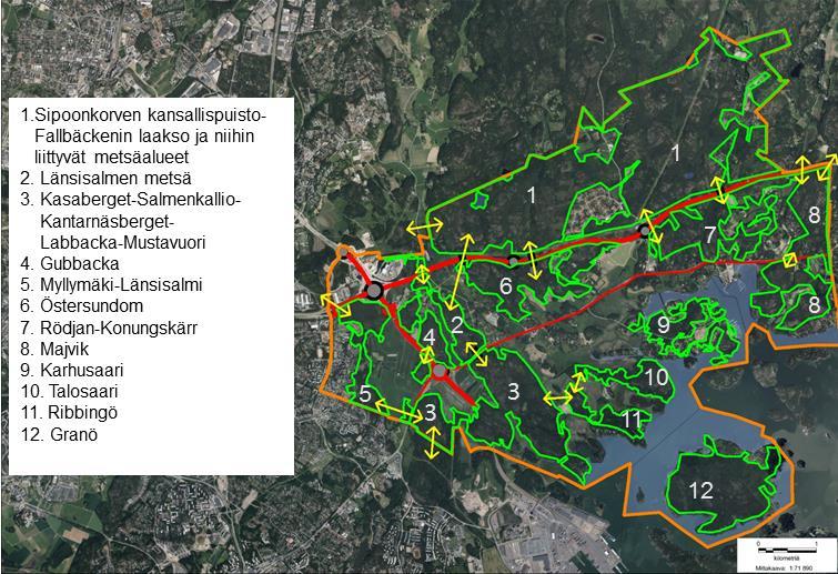 LIITE 2. Östersundomin laajat metsäalueet -karttatarkastelu Seuraavassa on tarkasteltu Östersundomin yleiskaava-alueen tämän hetkisiä merkittävimpiä yhtenäisiä luontoalueita.
