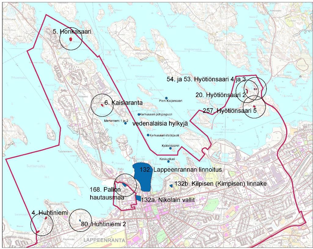 14(39) Lappeenrannan keskustaajaman osayleiskaava 2030, Keskusta-alue Kuva 8. Keskusta-alueen muinaisjäännökset sijoittuvat kaava-alueen pohjoisosiin.