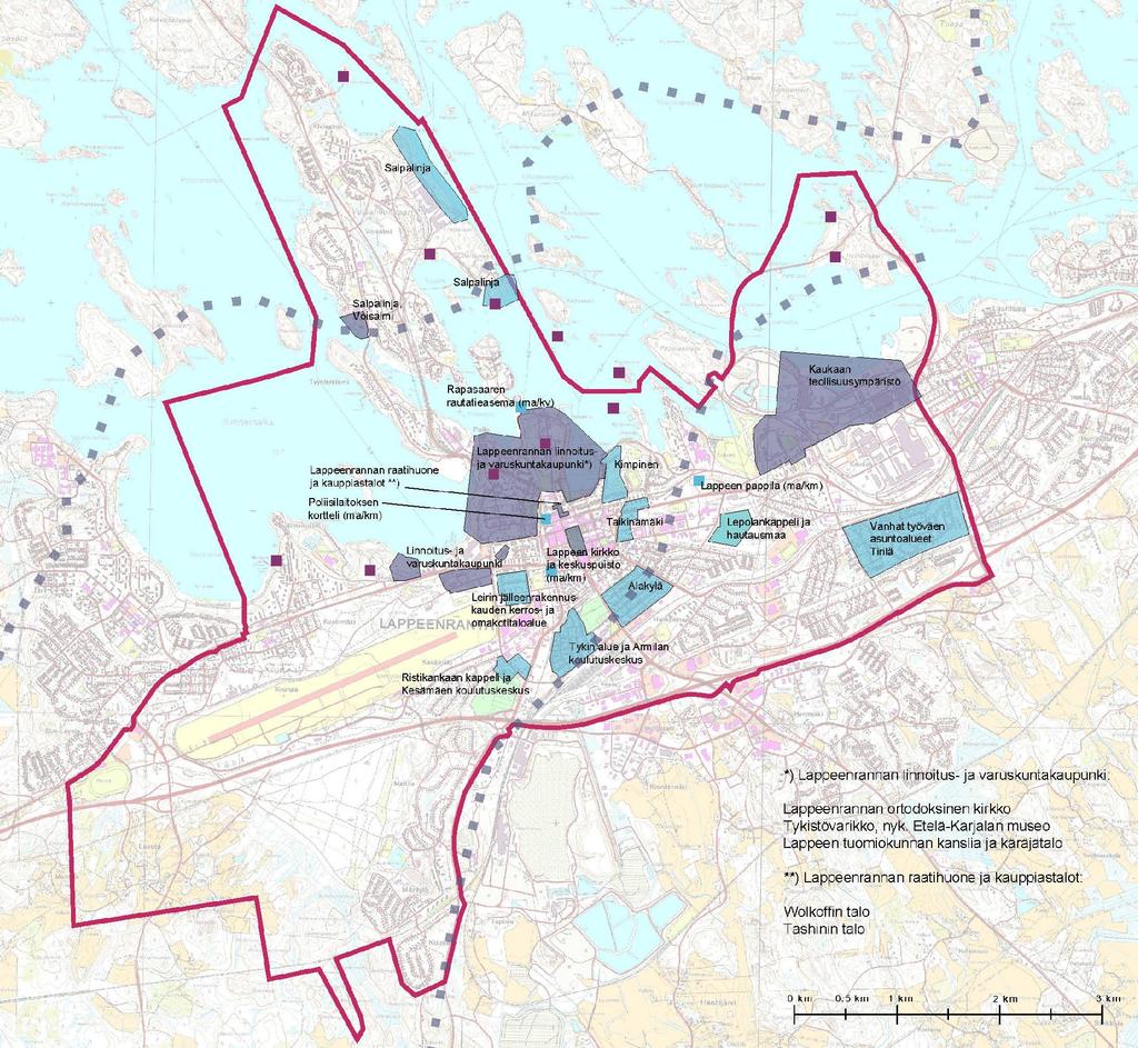 Lappeenrannan keskustaajaman osayleiskaava 2030 15(39) Kuva 9. Etelä-Karjalan maakuntakaavassa (vahv. 21.12.2011) osoitetut arvokkaat kulttuuriympäristöt.