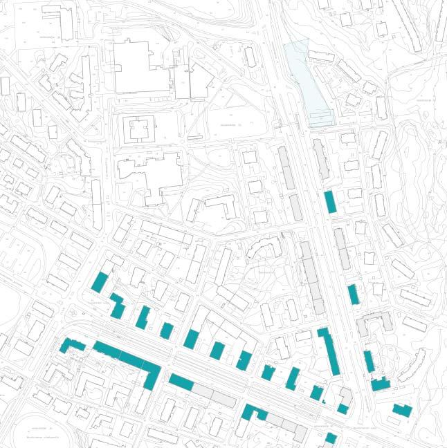 Asuinrakennusten ja puurivistöjen välissä kulkee pikkutiet, jotka yhdessä pääliikenneväylän kanssa tekevät Huopalahdentiestä kuusikaistaisen.