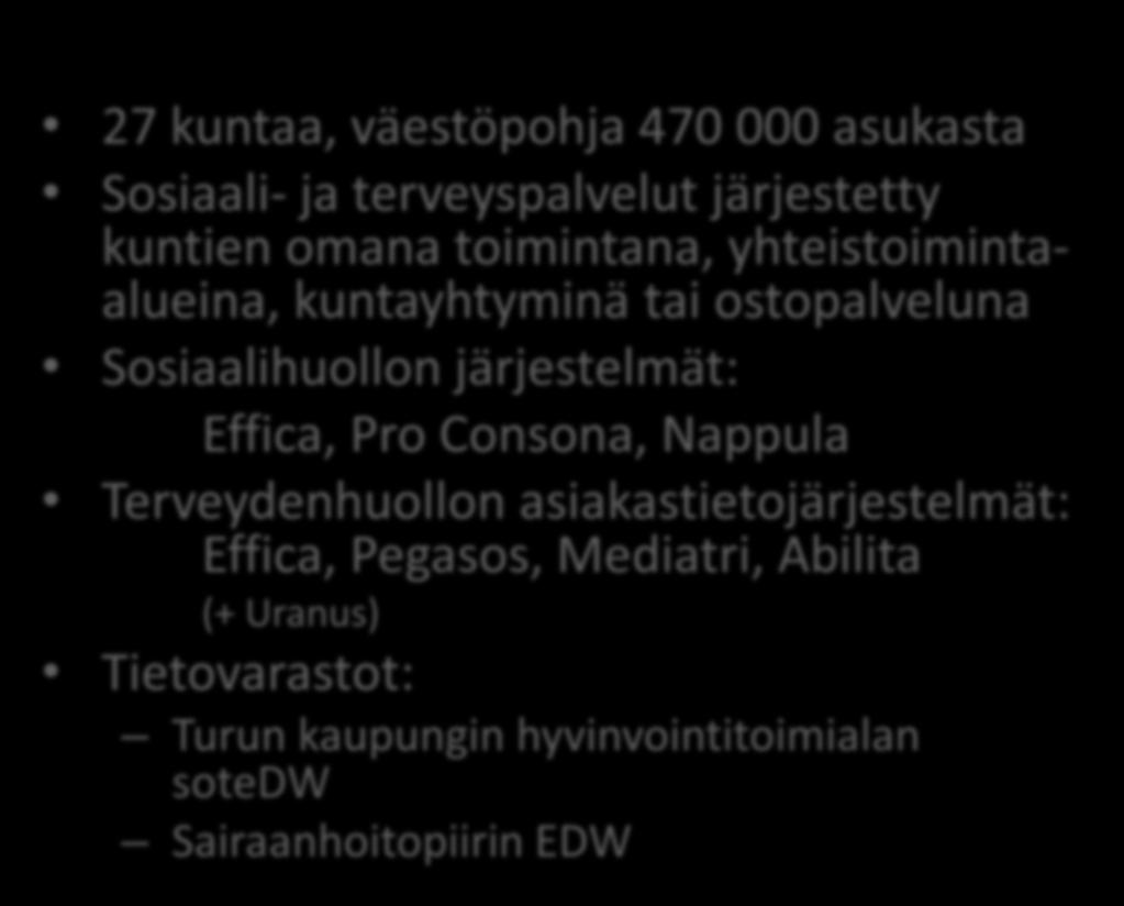 Varsinais-Suomen nykytilan kuvaus 27 kuntaa, väestöpohja 470 000 asukasta Sosiaali- ja terveyspalvelut