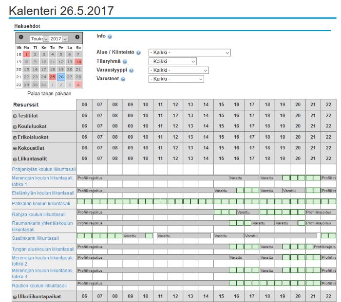 Varauskalenteri ( julkinen) Varausjärjestelmässä olevien tilojen varaustilannetta voidaan katsella ilman tunnistautumista/kirjautumista järjestelmään.