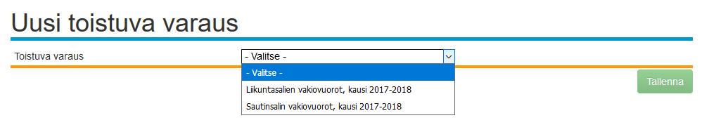 Vakiovuoron haku Joihinkin kaupungin tiloihin voidaan järjestelmässä hakea vakiovuoroa (esim. koulujen liikuntasalit).