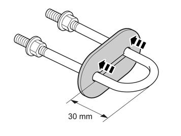 18 Paina levyä noin 30 mm sangan päälle niin, että suojateippi on muttereita vasten.