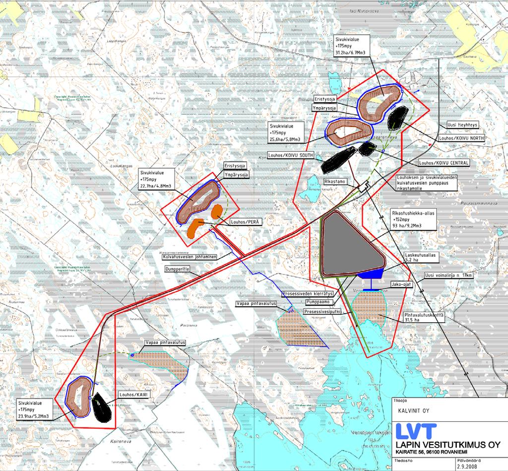 38 Kalvinit Oy Kuva 6.2 Toimintojen sijoitusvaihtoehto VE1. Vaihtoehdon VE1 rakennettavien alueiden pinta-alat ovat likimäärin: louhosalueet yht. 43 ha sivukivialueet yht.