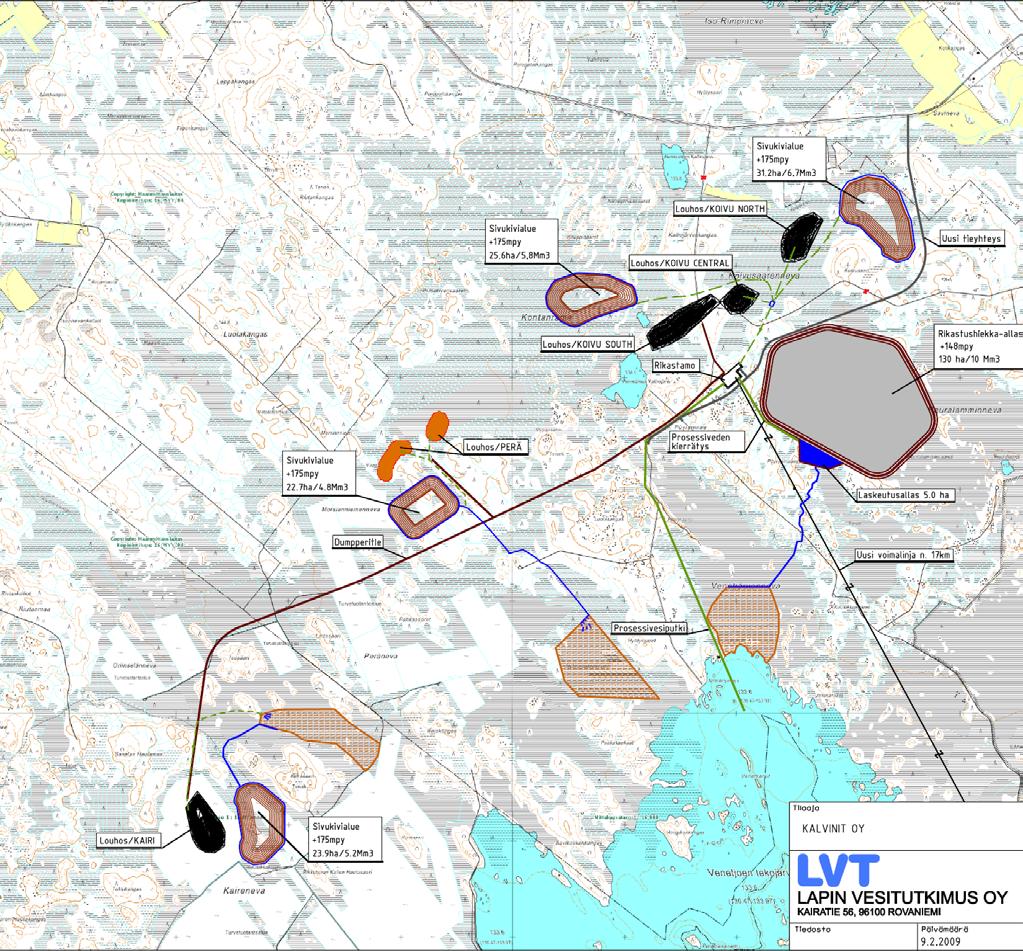 40 Kalvinit Oy Kuva 6.4 Toimintojen sijoitusvaihtoehto VE2. 6.3 Ylimääräisten vesien johtaminen Kaivokselta vesistöön johdettava vesi käsitellään kappaleessa 3.