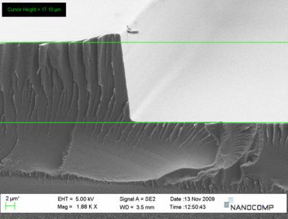 Työstetystä rakenteesta tehtiin UV-kovettuvasta polymeeeristä tasopainamalla replikaatteja, joita tutkittiin SEM-kuvin (Scanning Electron Microscope) ja laserinterferometrisesti.