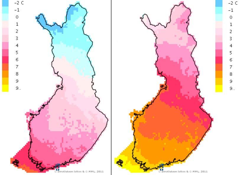 37 Kuva 2.2.4 Suomen ilmastonmuutoksen vaikutus lämpötilaan. Vasemmalla on esitetty vuoden keskilämpötila vertailuajankohtana 1971 2000.