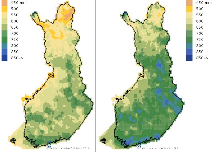 fi Kartat, kuvaajat ja datat Mennyt ja tuleva ilmasto) Kuva 2.2.5 Suomen ilmastonmuutoksen vaikutus sademäärään.