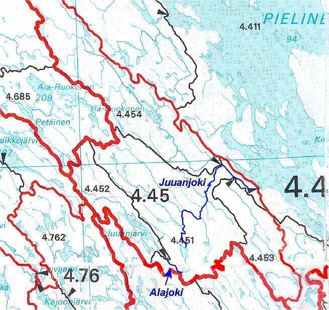 7 Kartta 2. Karttapiirros Juuanjoen alaosan valuma-alueen (04. 451) sijainnista (Ekholm 1993).