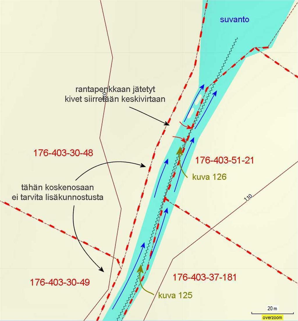 76 Koordinaateissa 3612903 ja 7017125 on otettu kuva 126, ja tästä noin 20 m alavirtaan päin päättyy Penttilänkoski.
