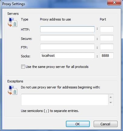 connections-välilehti -> Lan settings -> valitse use a proxy server for your LAN -> advanced -> Socks kohtaan localhost ja