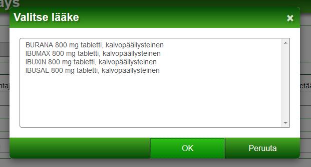 Kun lääkevalmiste on valittu, voit tarkastella vaihtoehtoisia lääkevalmisteita painikkeella Lääkevaihto, kuten