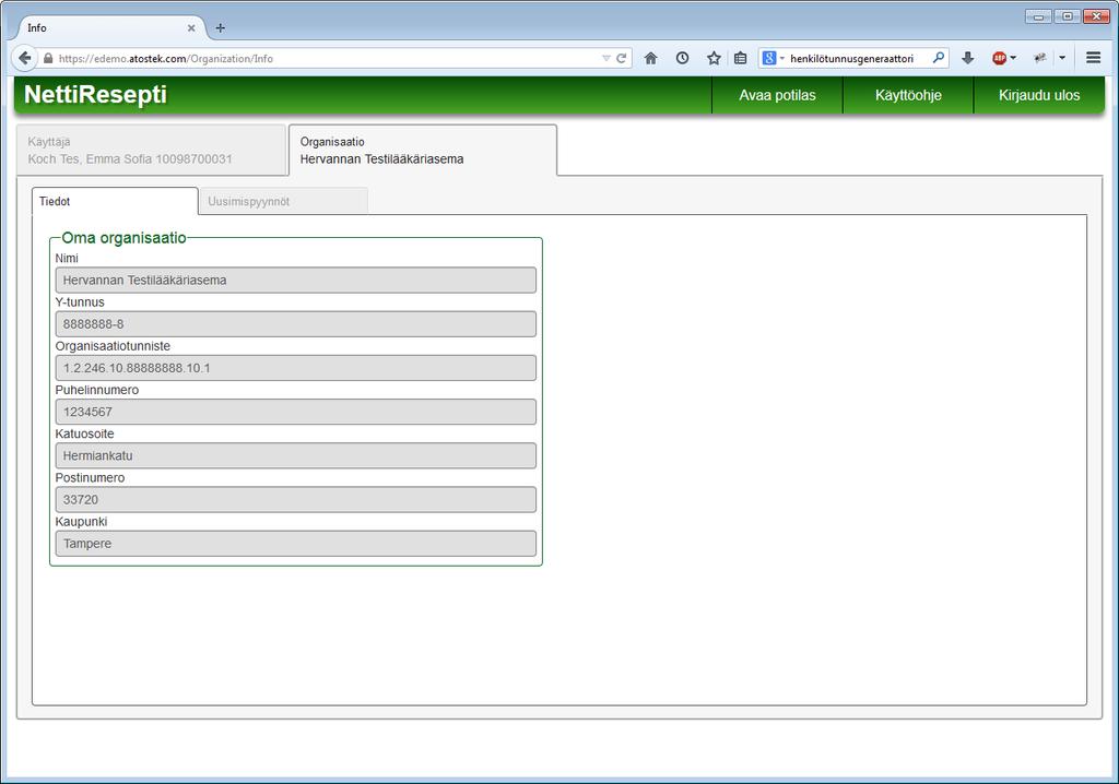 5.1. Tiedot Atostek era eresepti-palvelun käyttöohje v.1.7 Näkymästä voi tarkastella käyttäjän organisaation tietoja.