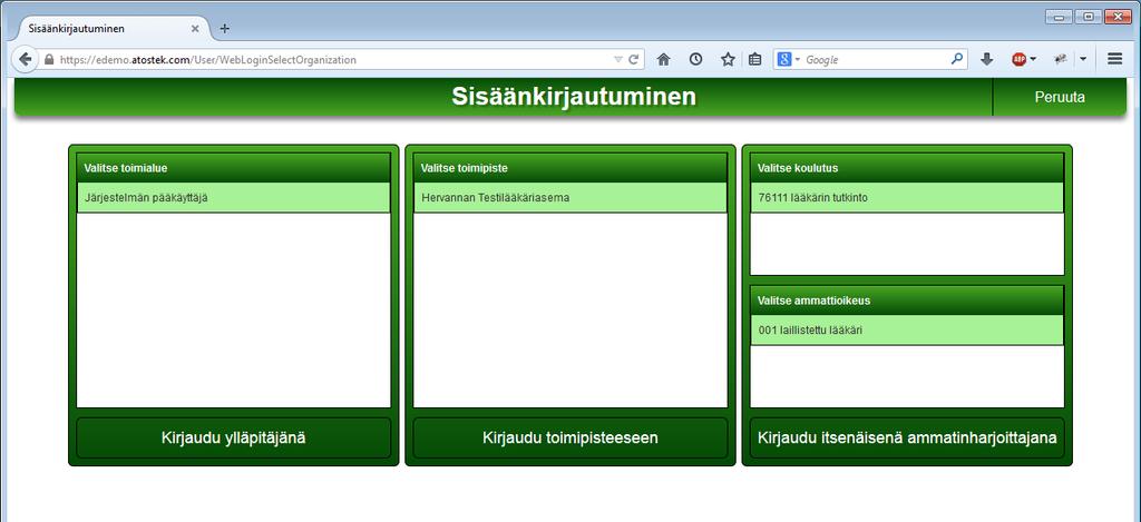 Valitse rooli ja organisaatio listasta. Tämä sivu näkyy vain käyttäjille, jotka toimivat useammassa roolissa tai organisaatiossa. Mikäli olet vain yhdessä roolissa, siirry seuraavaan kohtaan.