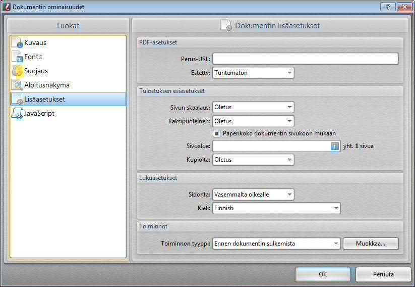 112 PDF-XChange ja Editor Plus 6.0 Lisäasetukset Välilehdellä Lisäasetukset (Advanced) voit mm. määrittää dokumentin tulostuksen oletusarvot. 2.