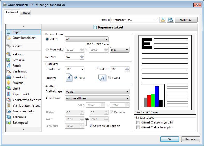 PDF-asetukset 13 2 PDF-asetukset PDF-XChange sisältää paljon erilaisia asetuksia, joilla muokataan tulostettavan PDF-tiedoston ominaisuuksia ja optimoidaan tiedoston kokoa. Voit mm.
