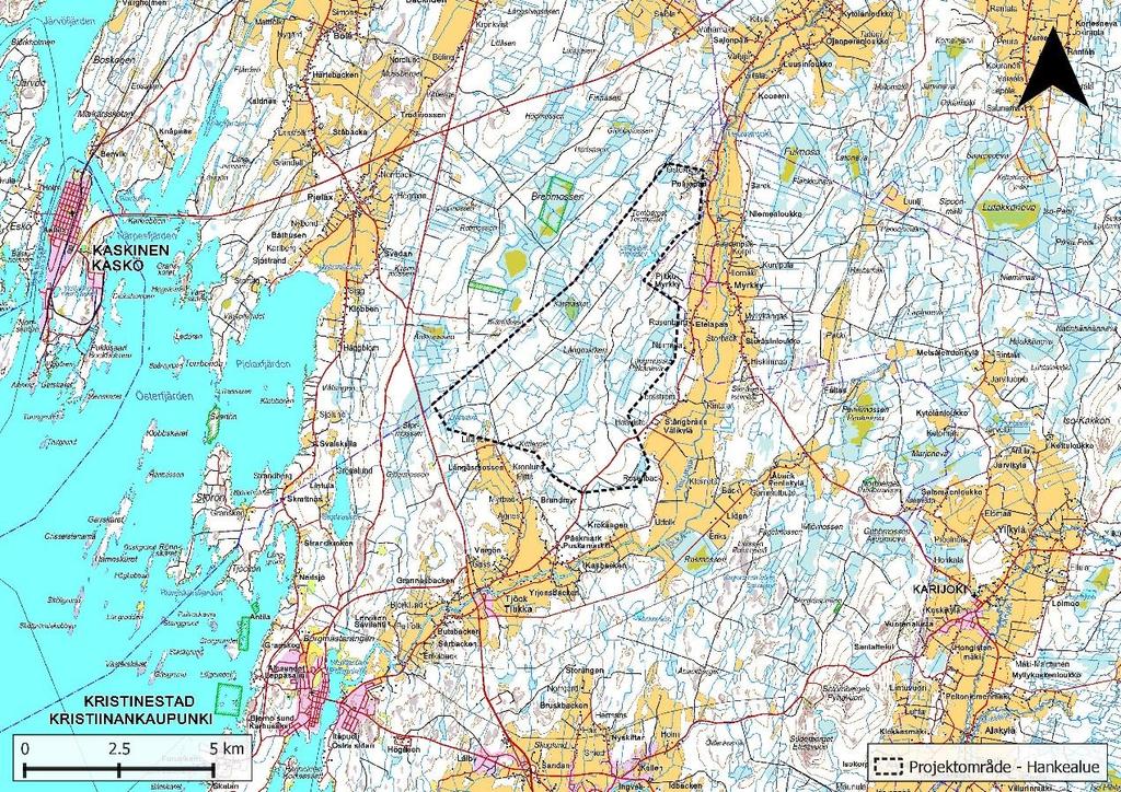 Kuva 4: Hankealueen sijainti ja rajaus. 4.3 Tuuliolosuhteet Hankealue sijaitsee noin seitsemän kilometrin päässä rannikosta, joten tuuliolosuhteet ovat hyvät.
