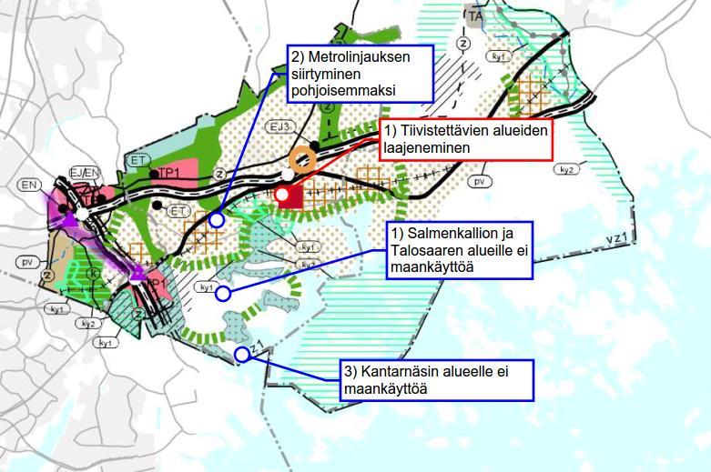 14 Kuva 5-3 Suoran vaihtoehdon tärkeimmät muutokset ruisrääkän kannalta nähtävillä olleeseen maakuntakaavaehdotukseen verrattuna. Siniset kohteet edustavat myönteisiä ja punaiset kielteisiä muutoksia.