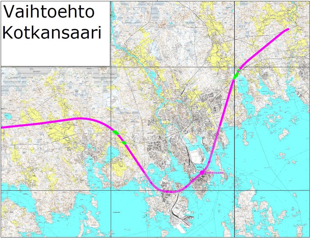 Linjaus- ja asemavaihtoehdot 20 / 30 4.2.3 Vaihtoehto Kotkansaari Tässä vaihtoehdossa uutta rataa tarvitaan tarkastelualueella noin 33 km, josta 12 km tunnelissa.