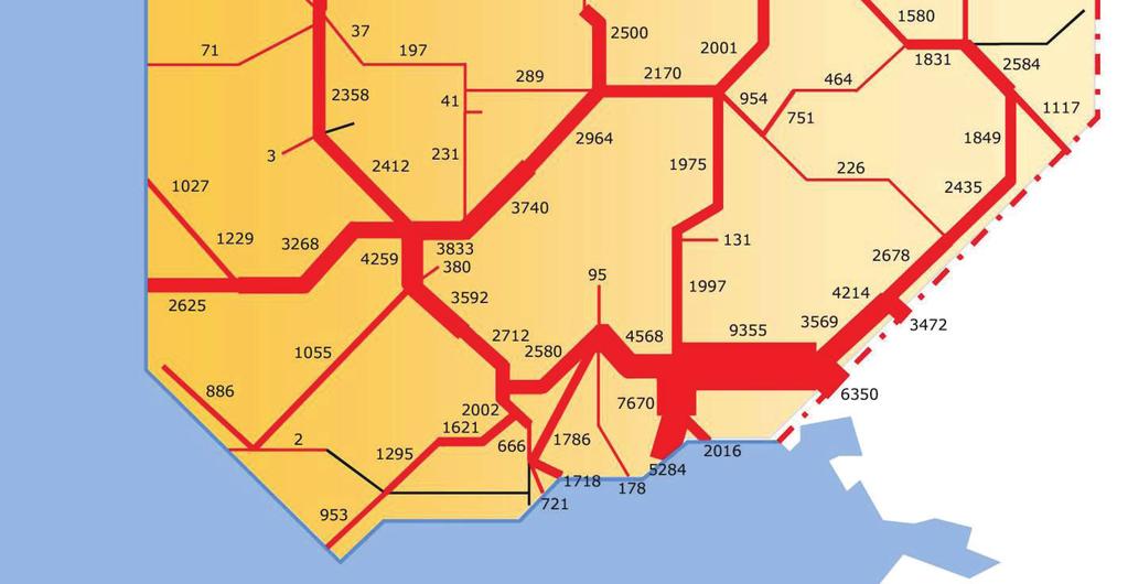 14 Kuva 6. Tavaraliikenteen kuljetusennuste vuodelle 2025 (1000 nettotonnia). (Liikennevirasto 2014b) Kuva 7. Tavaraliikenteen kuljetusennuste vuodelle 2035 (1000 nettotonnia).