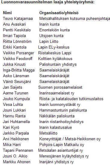 Luonnonvarasuunnitelman yhteistyöryhmä Luonnonvarasuunnitelmat laaditaan yhdessä alueellisen yhteistyöryhmän kanssa. Sidosryhmät valitsevat edustajansa ryhmään.