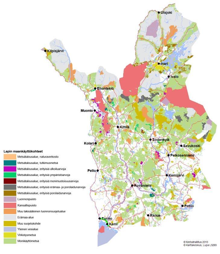 Metsähallituksen maat Lapissa Monikäyttömetsätaloutta (metsätalouden hallinnassa) 1,7 milj. ha Soita, lakimetsiä yms (metsätalouden hallinnassa) 1,0 milj.