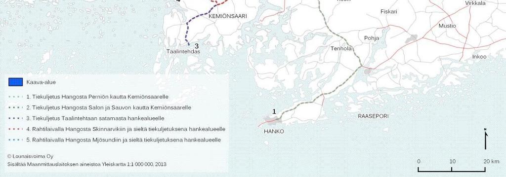 Pidempi vaihtoehto on ajaa kuljetukset Perniöstä vielä Sauvon kautta ja ajaa Kemiöön pohjoisesta. On myös mahdollista hoitaa kuljetukset Hangosta meriteitse Kemiöön.