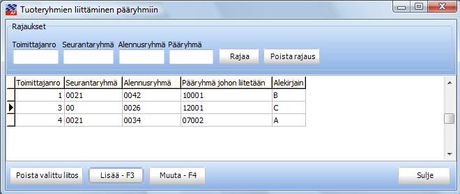 TUOTERYHMIEN TARKENNETTU JAKO PÄÄRYHMIIN KÄYTTÖTARKOITUS Tuoteryhmä 100 Suodattimet Alennusryhmä 1 Alennusryhmä 2 Pääryhmä edulliset suodattimet Pääryhmä kalliimmat suodattimet Pääryhmä 200