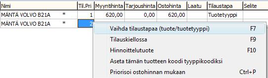 TUOTETYYPIN LISÄMÄÄRITYSTEN ASETTAMINEN Tuotetyyppien hallintaruudun alareunassa, tuoterivien kohdalla painettaessa hiiren oikeaa näppäintä, avautuu valikko, josta voidaan muuttaa tuotetyyppiin