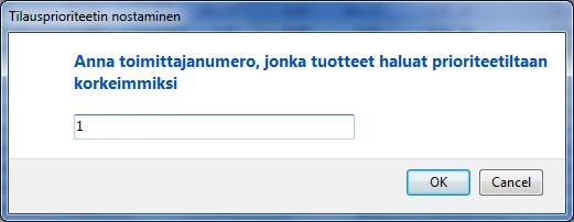 Ohjelma kysyy toimittajanumeroa, jonka tuotteet nostetaan ylimmälle prioriteetille. Tällöin ajo alkaa, ja lopuksi voi käydä tarkistamassa prioriteettijärjestyksen.