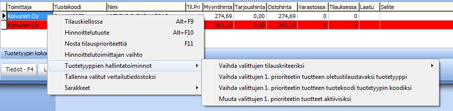 TUOTETYYPPIEN MUUTOSAJOT Tuotetyyppien tietoja voidaan nähdä tuotteiden hallintaruudun alareunassa, valitsemalla Näytä Tuotetyypin tuotteet alareunassa.