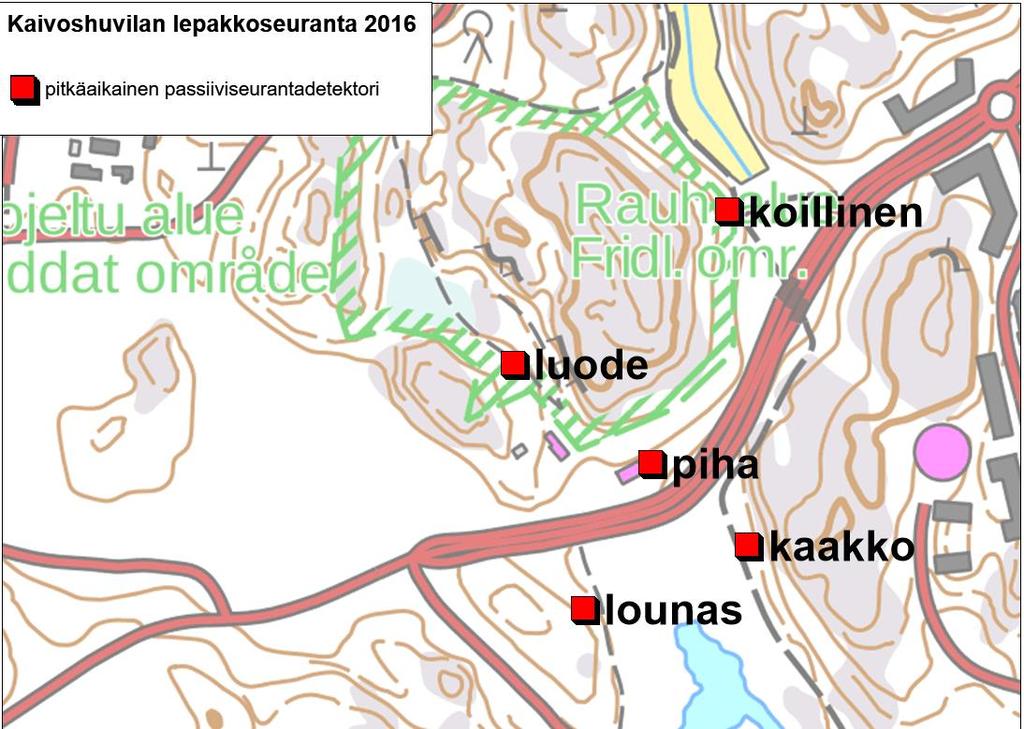 2.3. Pitkäaikaiset passiiviseurantadetektorit Yhteensä viisi passiiviseurantadetektoria (AnaBat SD2, samanlaiset kuin vuosina 214 ja 215) asennettiin seuraamaan Kaivoshuvilan lepakoita.