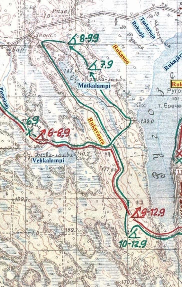 6.9 III/JR31, jolle kevyt oli alistettu, sai käskyn edetä Vehkalammen Rukajärven välistä kannasta pohjoiseen tavoitteena Ontrosenvaara Kotskoma tie.