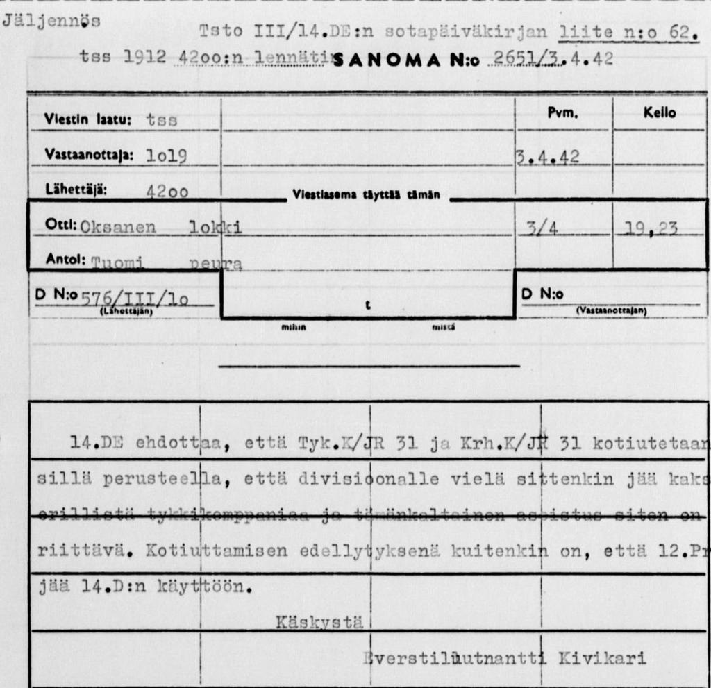 Krh.K/JR31 kotiutus!? EI TOTEUTUNUT 14.D:n esikunta ehti 3.4.1942 tehdä esityksen kranaatinheitinkomppanian (Krh.K/JR31) ja tykkikomppanian (Tyk.K/JR31) kotiuttamisesta, jos 12.