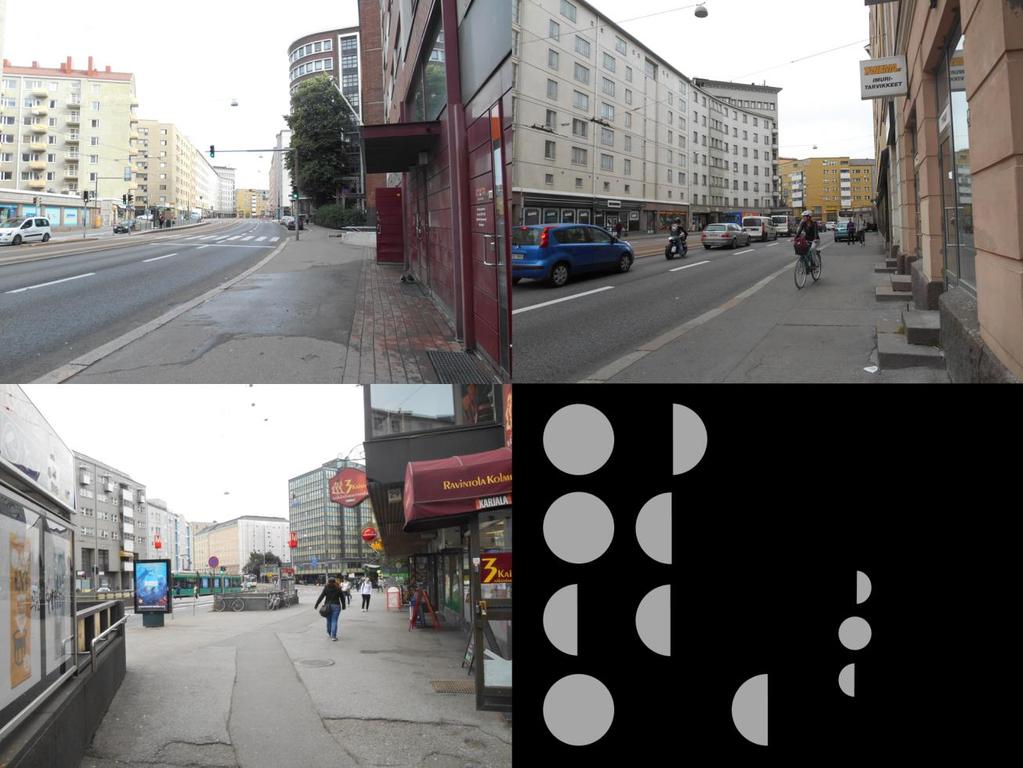 95 Kuva 45 Katuympäristön laadun arviointitulokset tutkimuspisteissä viisi ja kuusi sekä tilannekuvia tarkastelualueilta.