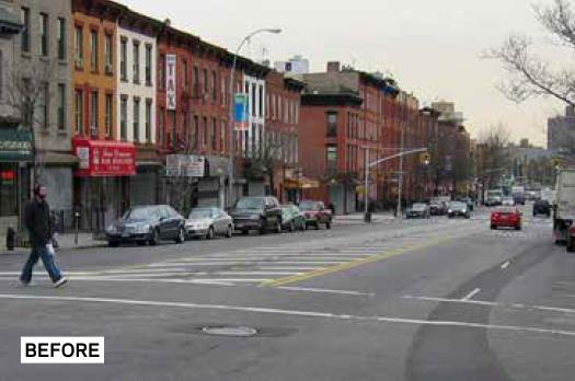 36 Kuva 9 Vasemmalla kuvassa Vanderbilt Avenue ennen kadun kehittämistoimenpiteitä ja oikealla toimenpiteiden jälkeen (New York City DOT 2013, s. 21).