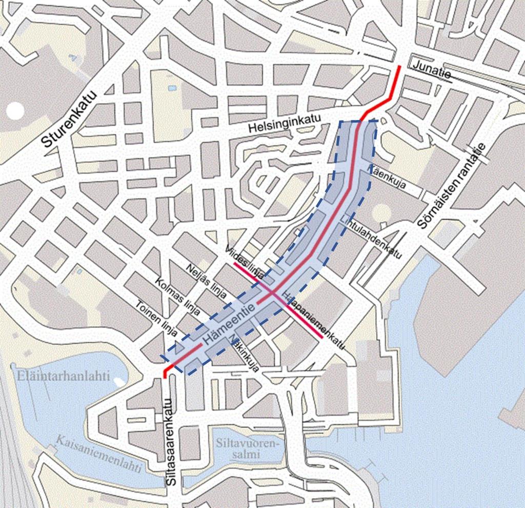 54 Kuva 15 Suunnittelualueen ulottuvuus ja Hämeentien tutkimusalueen rajaus. Muokattu lähteestä: (Helsingin kaupunki 2015a).