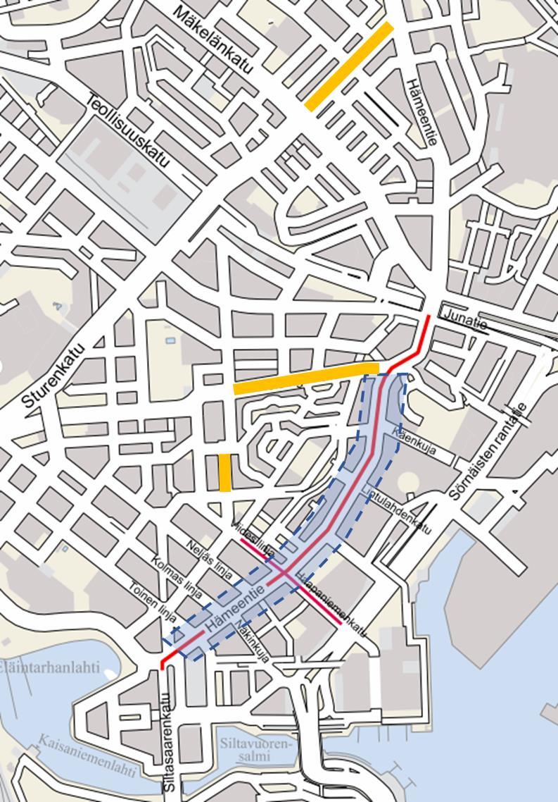 64 Kuva 19 Valitut verrokkikadut keltaisella ja niiden sijoittuminen suhteessa muutettavaan Hämeentien osuuteen.