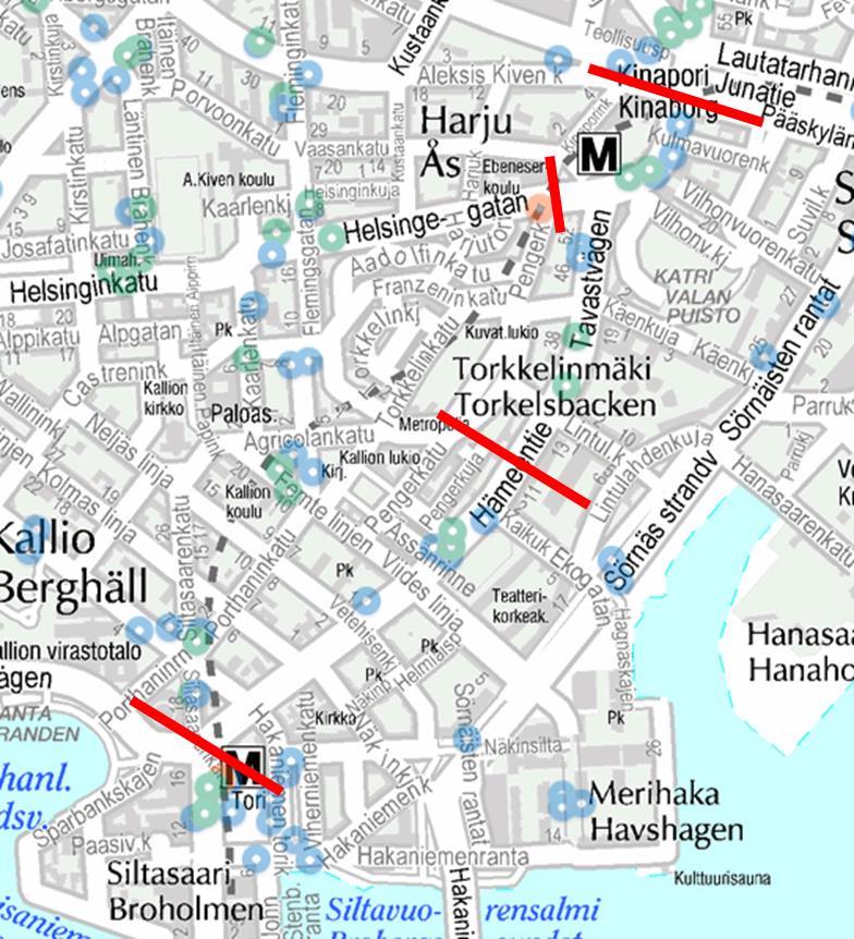 72 Kuva 26 Nousijamäärien tarkastelualueiden rajaukset on esitetty punaisilla viivoilla (HSL, linjakartta).