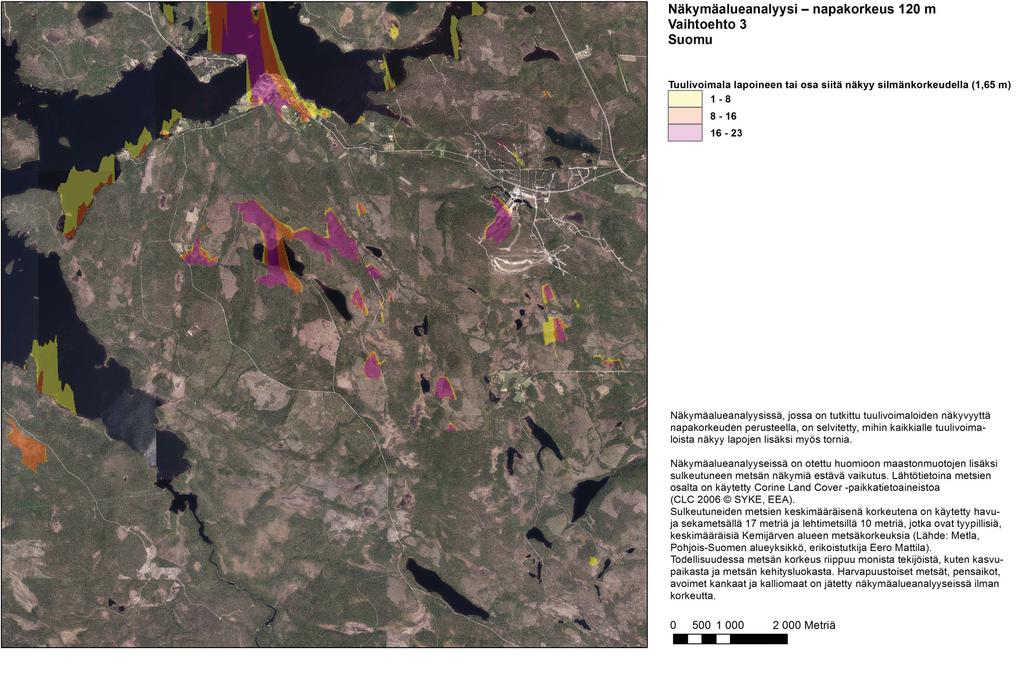 Ilmakuva Maanmi auslaitos lupanro 177/MML/12 Kuva 185. Näkymäalueanalyysikar a VE 3. Kemijärven tuulivoimapuistohankkeiden tuulivoimaloiden näkyvyys Suomun alueella.