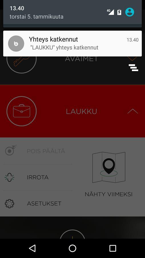 ) Kun Bluetoothyhteys Buddyn ja puhelimen välillä katoaa: Mobiililaite ilmoittaa