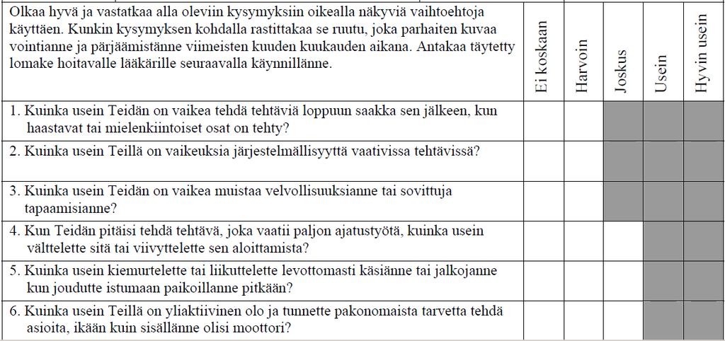 ASRS-v1.1: ADHD seulontakysely http://www.hcp.med.harvard.edu/ncs/ftpdir/adhd/18q_finnish.